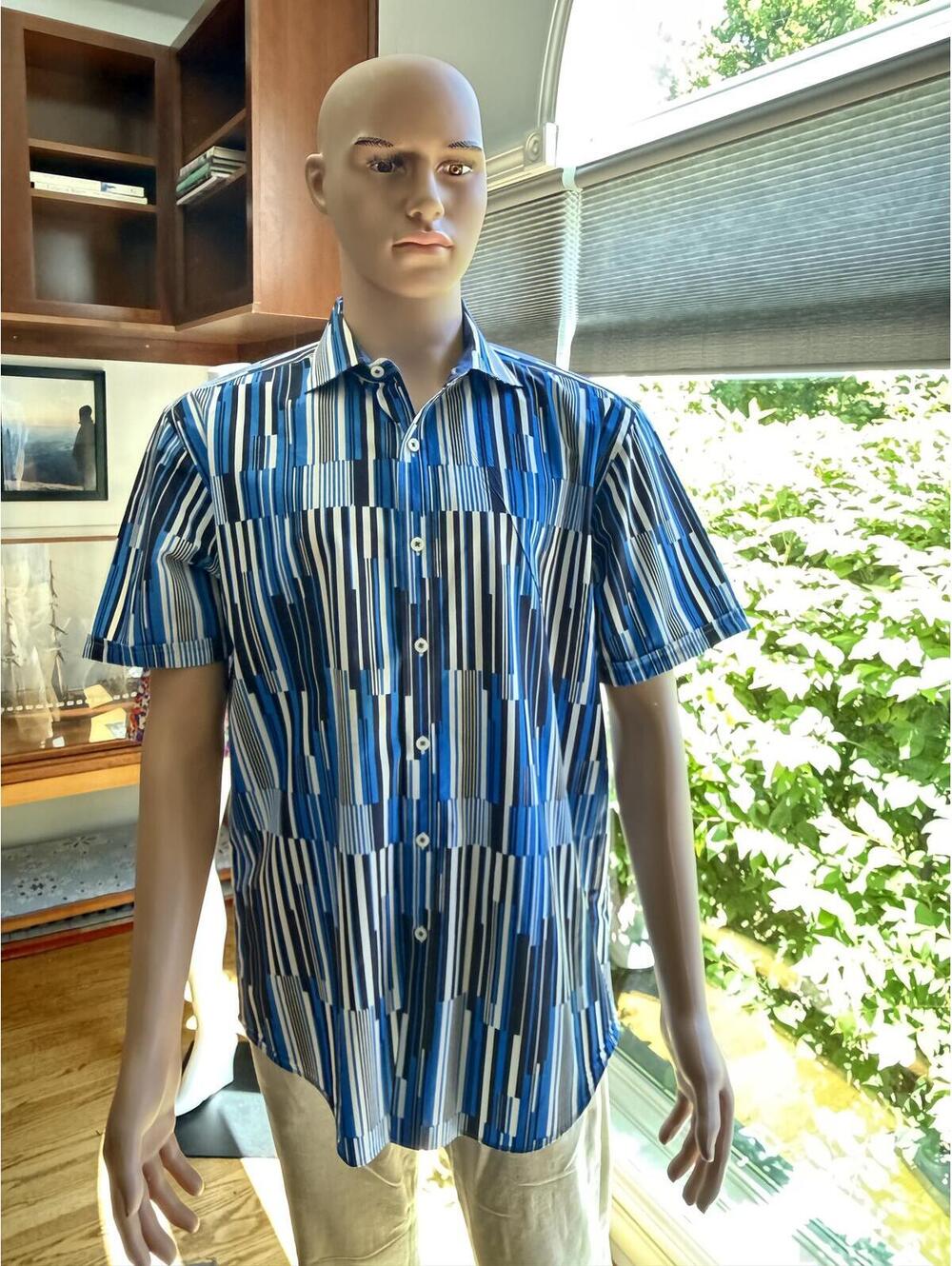 BUGATCHI Men’s Blue Geometric Stripe Short Sleeve Button Shirt Shaped Fit L
